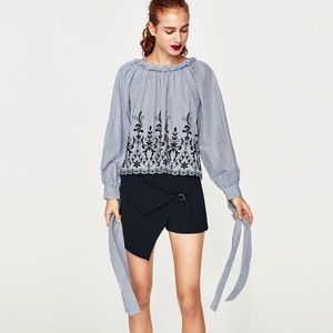 ZARA STRIPED TOP WITH FLORAL EMBROIDERY
